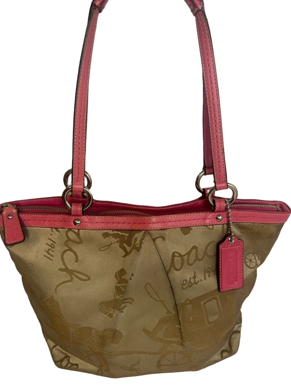 #419 Coach Signature Khaki Satin Horse & Carriage w/ Pink Leather Shoulder Tote - Picture 1 of 17